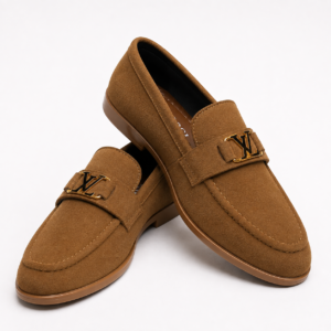 Premium Brown Suede Loafers – Gold Buckle Slip-On Dress Shoes